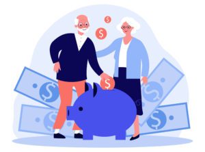 A cartoon senior couple saving money