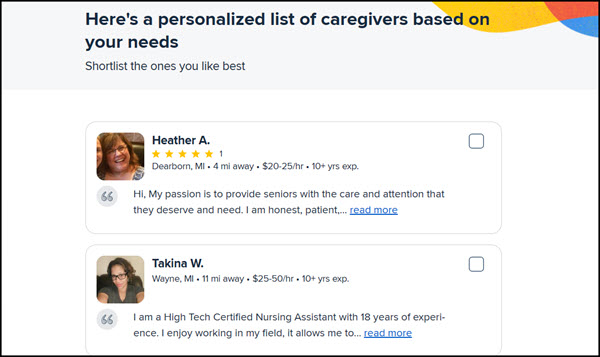 Examples of caregivers on Care.com