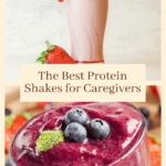 A berry smoothie with blueberries on top, underneath a strawberry shake