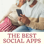A senior man and woman cuddled together talking to grandkids using a social app of some description
