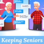 A cartoon image of two seniors talking through their smartphones