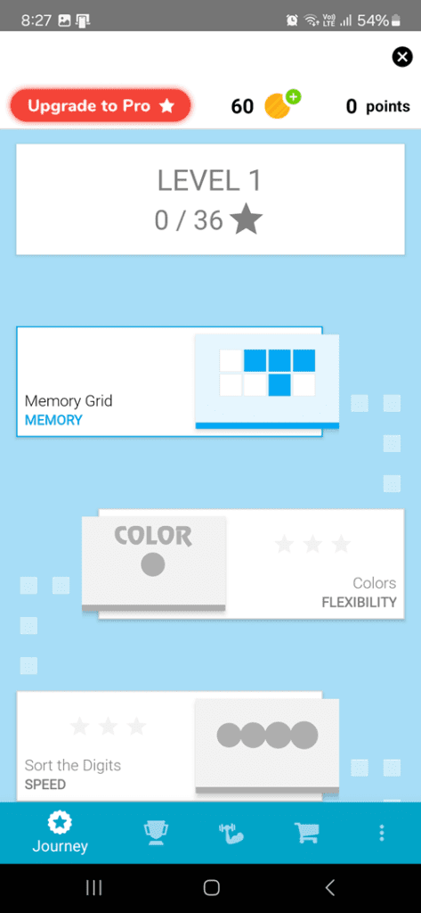 A selection screen for the Memory games app