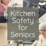 Four images highlighting the idea of kitchen safety for seniors, including two of seniors cooking, one of a stovetop and one of a kitchen