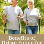 Two seniors in nature doing some urban poling together