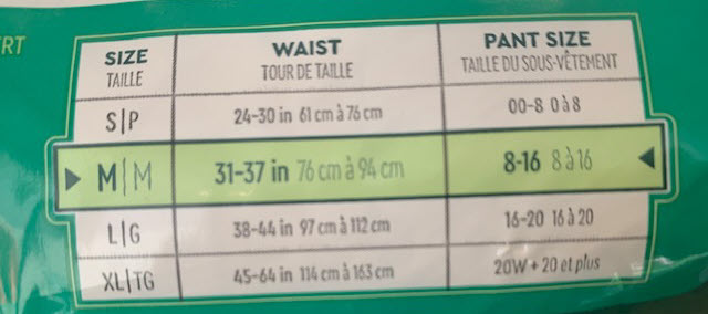 The back of the Depend package, showing the different sizes