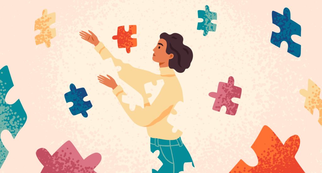 An illustration of a young woman with puzzle pieces, trying to improve her mental health