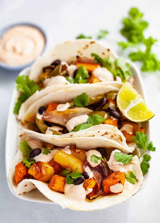 Vegetable Fajitas with Smoky Lime Sour Cream from Kitchen Skip