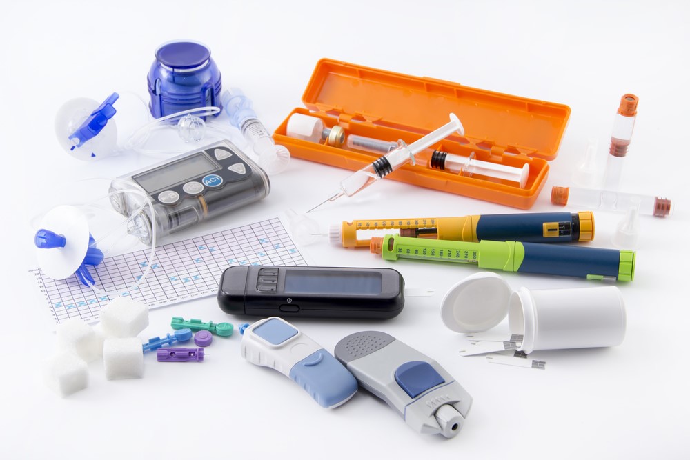 Various diabetes care supplies that are needed to manage diabetes