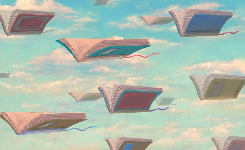 An illustration of books flying through the air, highlighting the best books on caring for aging parents