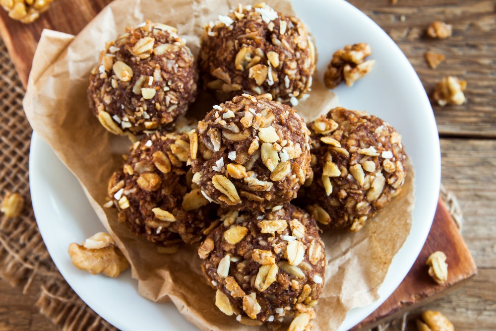 Banana bread balls on a white plate