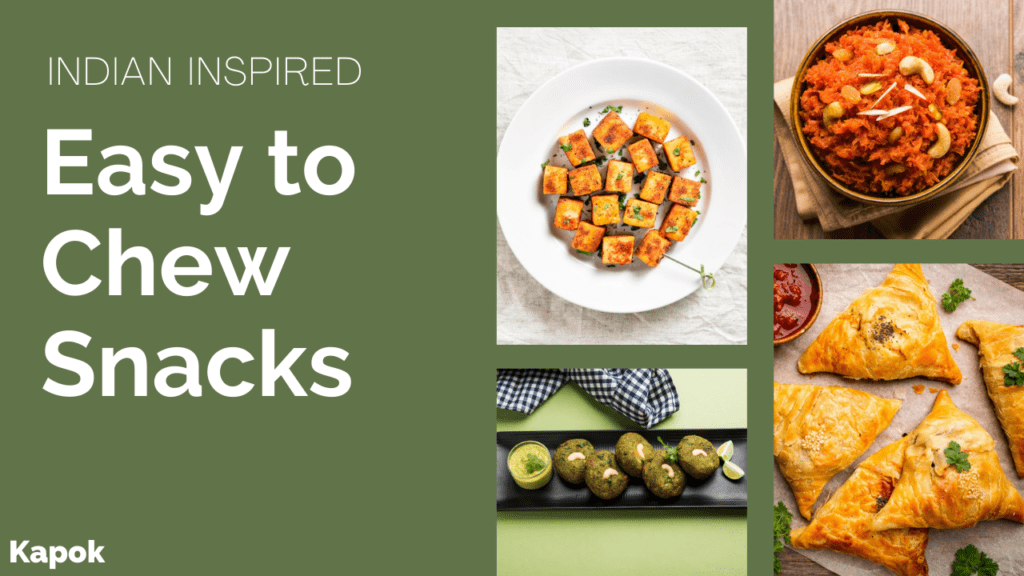 Indian inspired easy to chew snacks for seniors, showing four of the different snacks featured in the recipes 