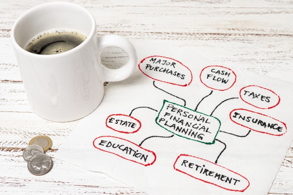 A wooden table with a financial planning napkin, a mug of coffee, and some coins