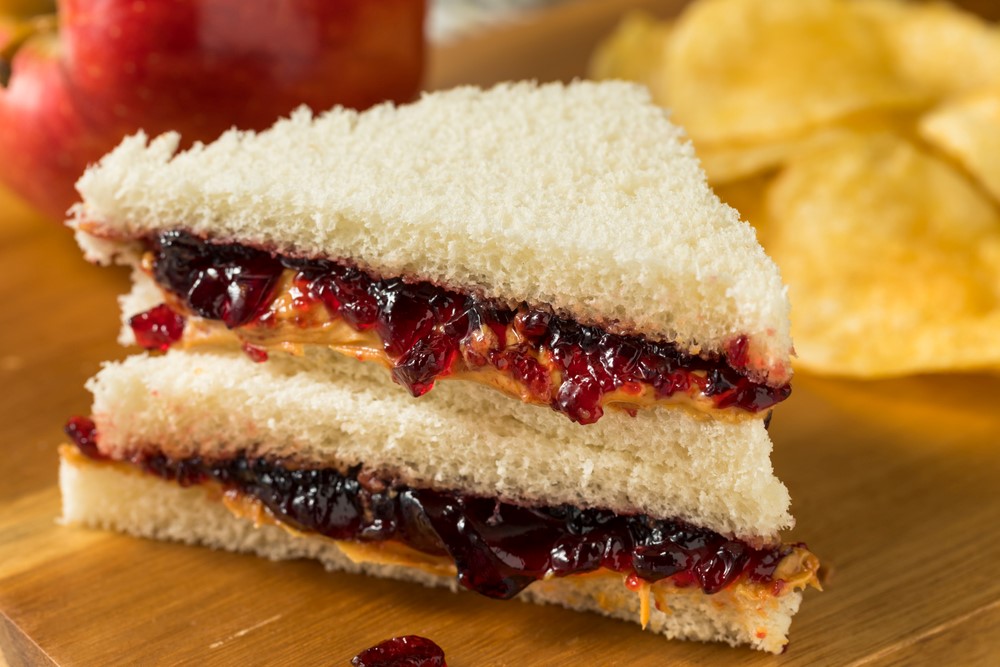 A crustless peanut butter and jelly sandwich