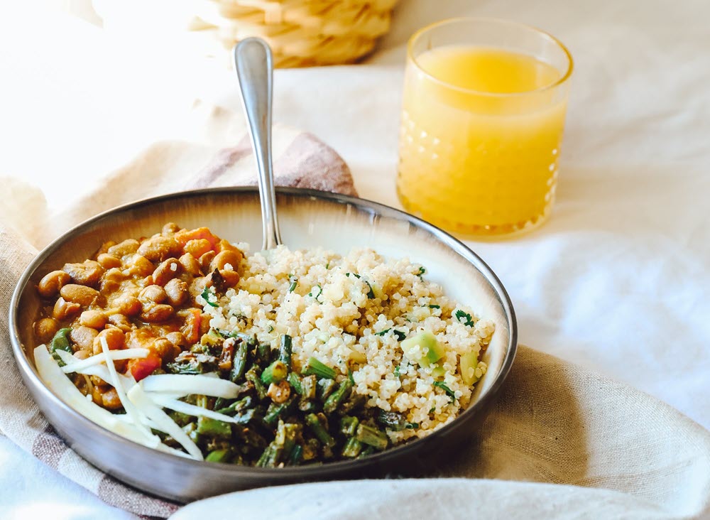 A dinner made using cooked grains, vegetables and other soft foods