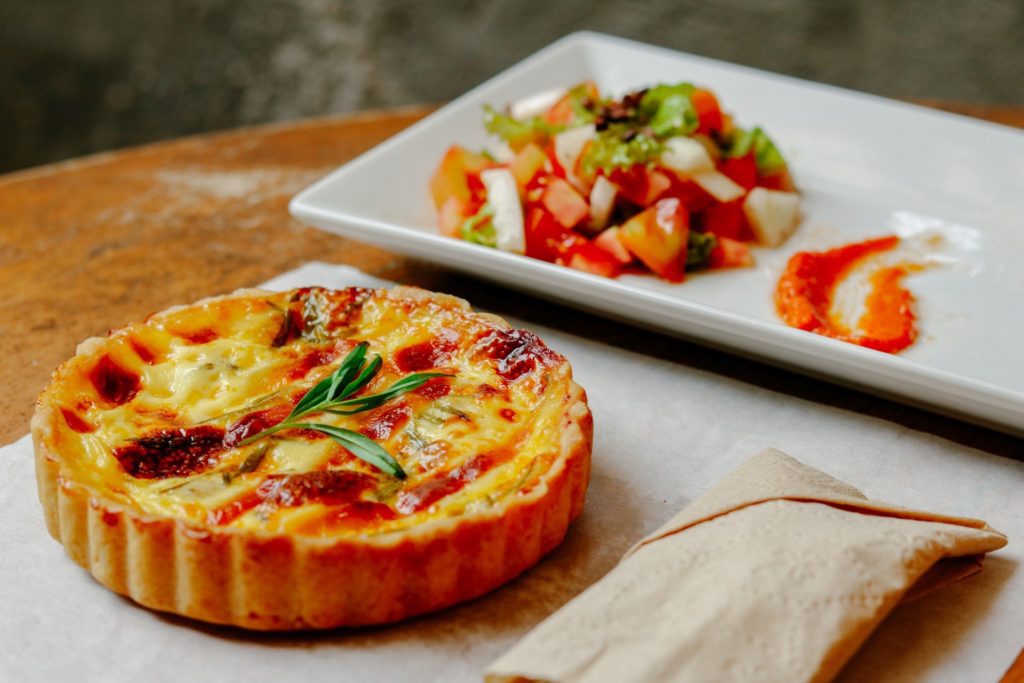 A quiche on a table