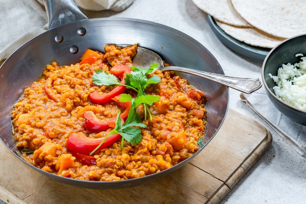 Red lentil dahl in a frypan