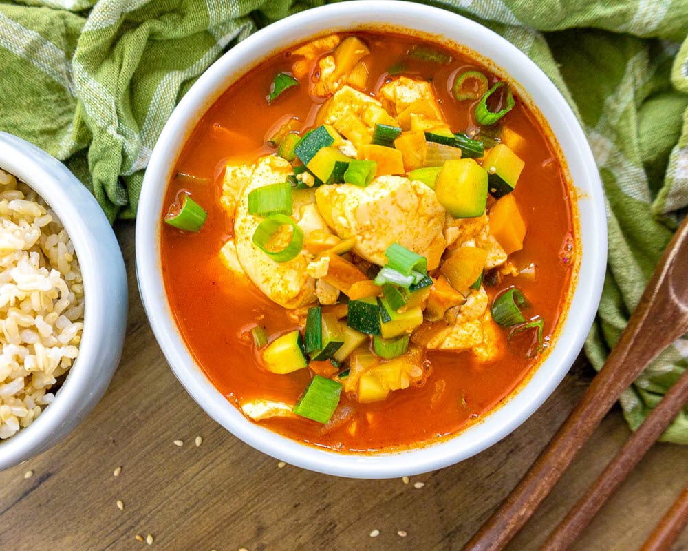 Vegan Sundubu Jjigae, as an example of recipes for elderly with no teeth