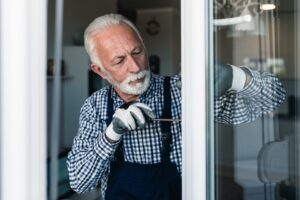 A senior man fixing a door around the home, highlighting the idea of seniors involved in DIY projects