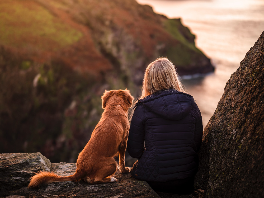 An older woman sitting with her dog, showing how pets may help reduce anxiety and depression in seniors