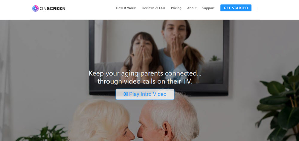 A screenshot of the ONSCREEN website, showing two seniors talking to their grand kids via the TV