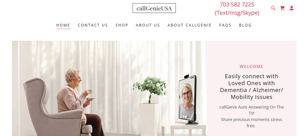 CallGenie website screenshot, showing a senior woman talking to the TV