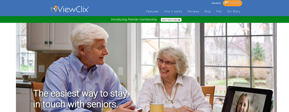 The ViewClix website, showing seniors talking to a grand daughter via a photo frame