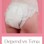A young woman wearing adult diapers, highlighting the difference between Depend and Tena
