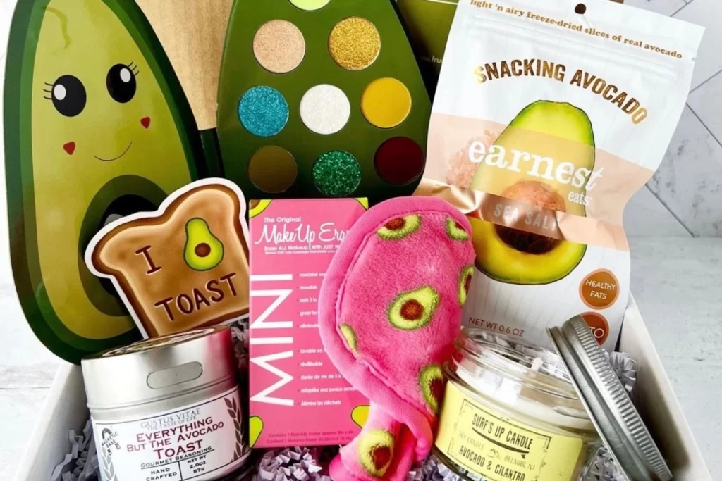 A box containing avocado-related products from Fruit for Thought