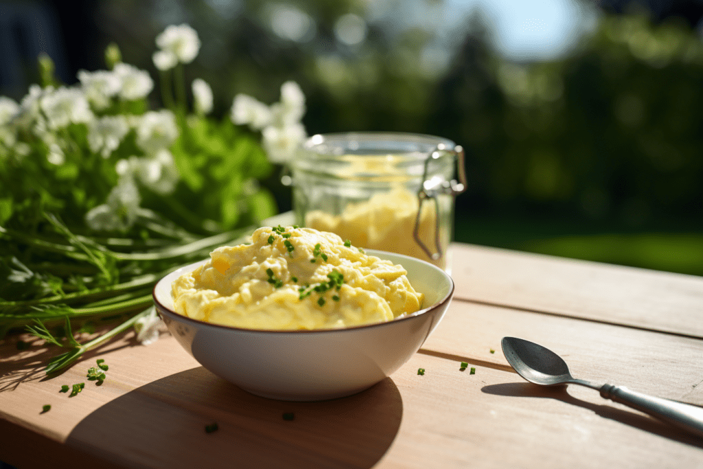 A table with a small white bowl of pureed egg salad, next to a spoon and some greens