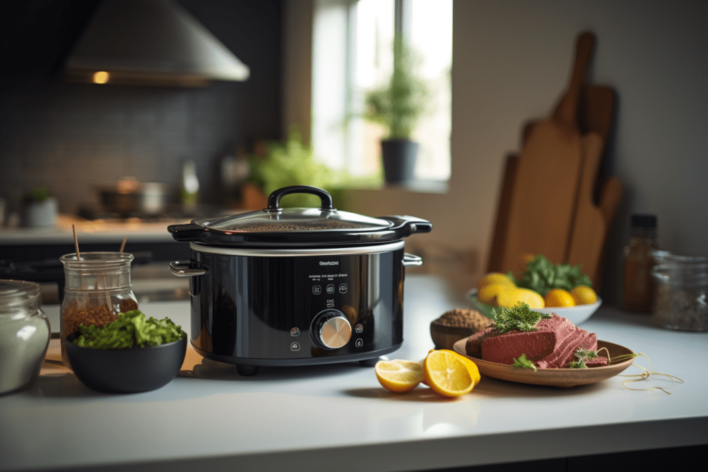 A slow cooker next to various ingredients in a kitchen