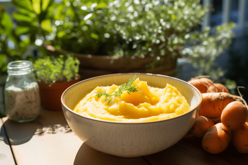 A wooden table with a small white dish of carrot, swede, and potato puree