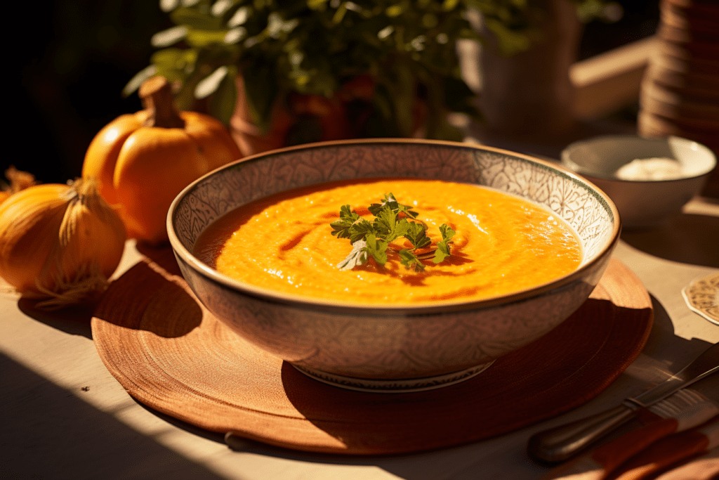 A bowl of spiced pumpkin puree with carrot on a table