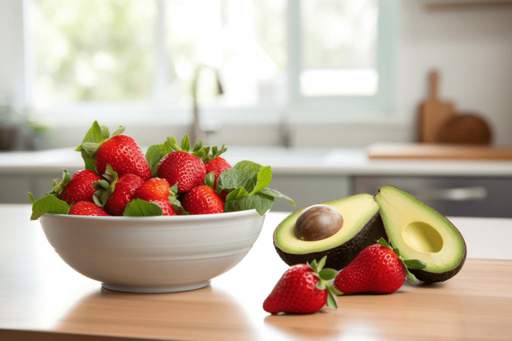 Fresh avocados and strawberries on a table, which will be used to make a strawberry avocado puree