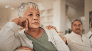 A sad older woman, highlighting the idea of seniors with mental disorders