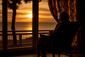 An elderly woman sitting by the window, highlighting the idea of sundowning in seniors