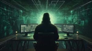 A hacker sitting in an artificial environment, highlighting the way that deepfake scams can impact seniors.