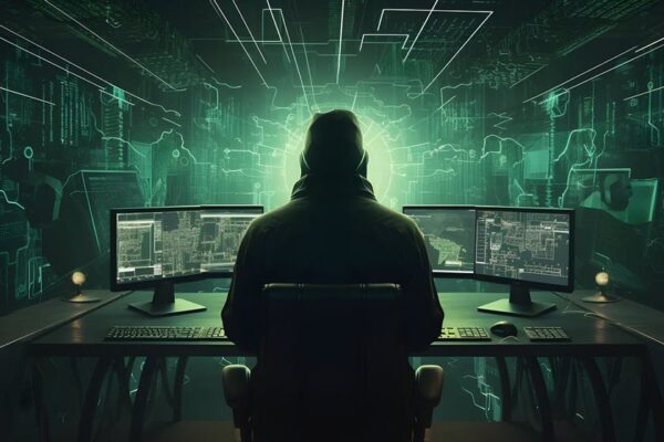 A hacker sitting in an artificial environment, highlighting the way that deepfake scams can impact seniors.