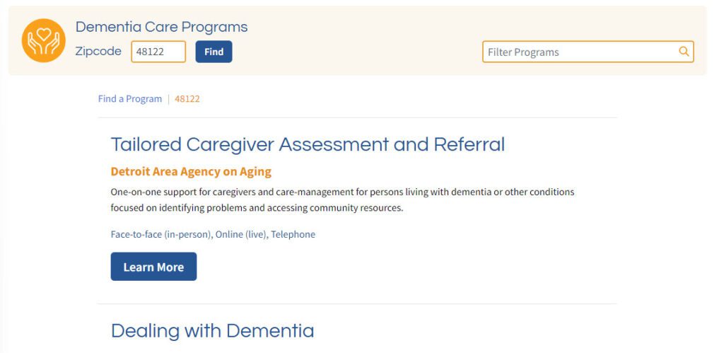 Listing results for caregiver programs under the zip code 48122
