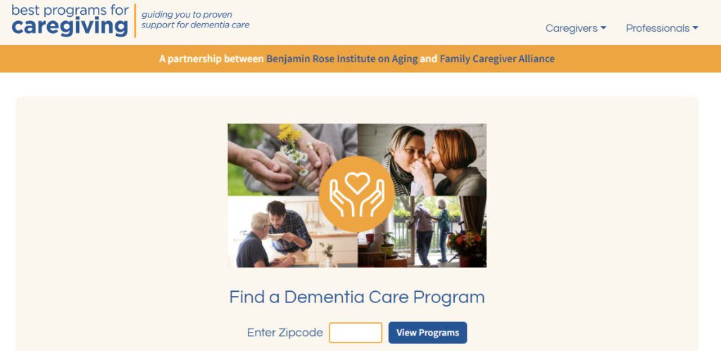 A website screenshot of the Best Programs for Caregiving, showing how to search via Zip Code