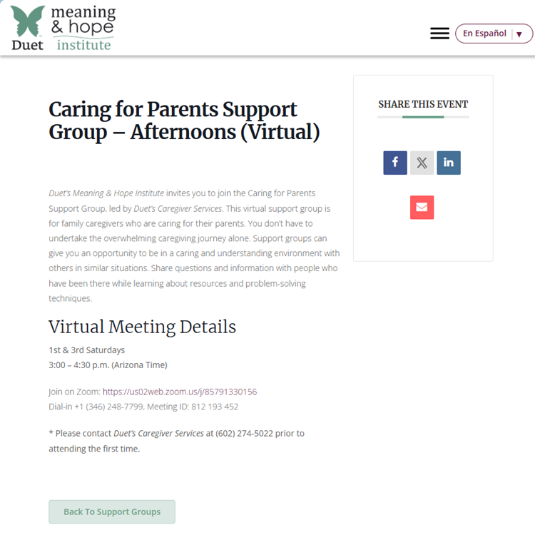 Caring for Parents Support Group Afternoon