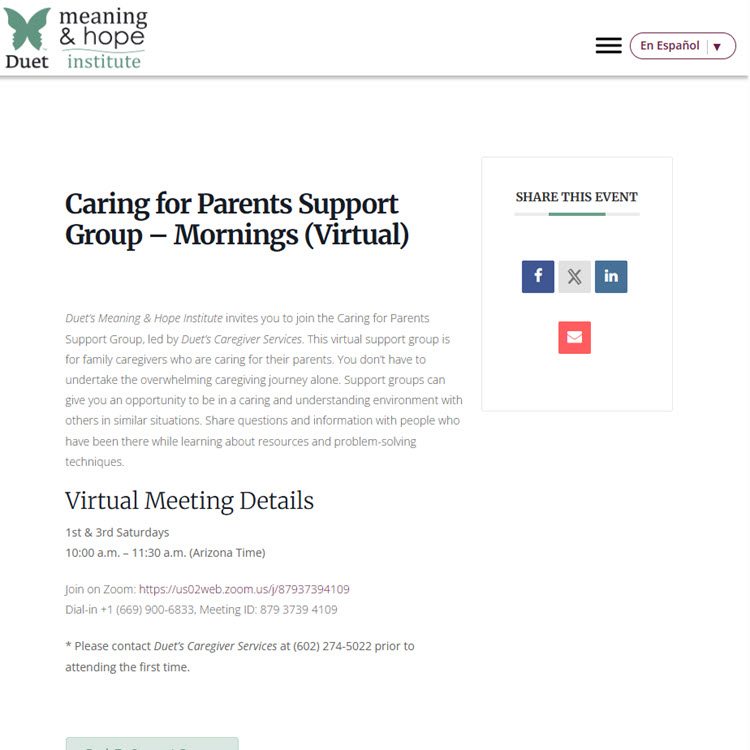 Caring for Parents Support Group Saturday Mornings