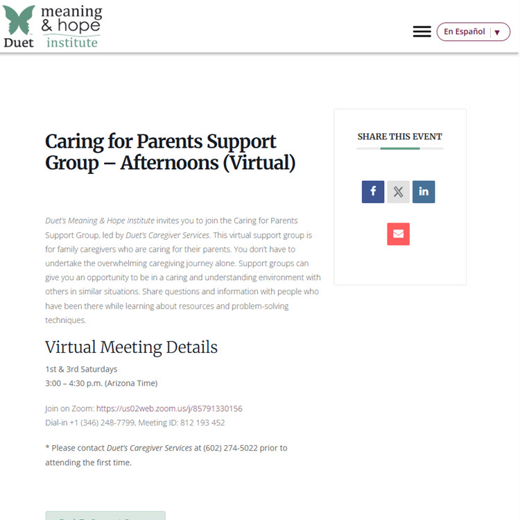 Caring for Parents Support Group Saturdays