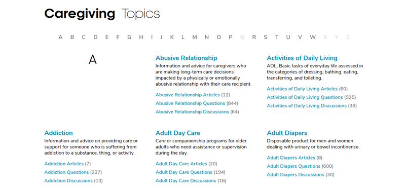 A screenshot of the AgingCare website, showing the first five of their Caregiving Topics