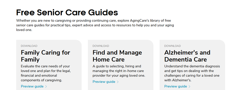 An image of a few free senior guides that are hosted on the AgingCare site